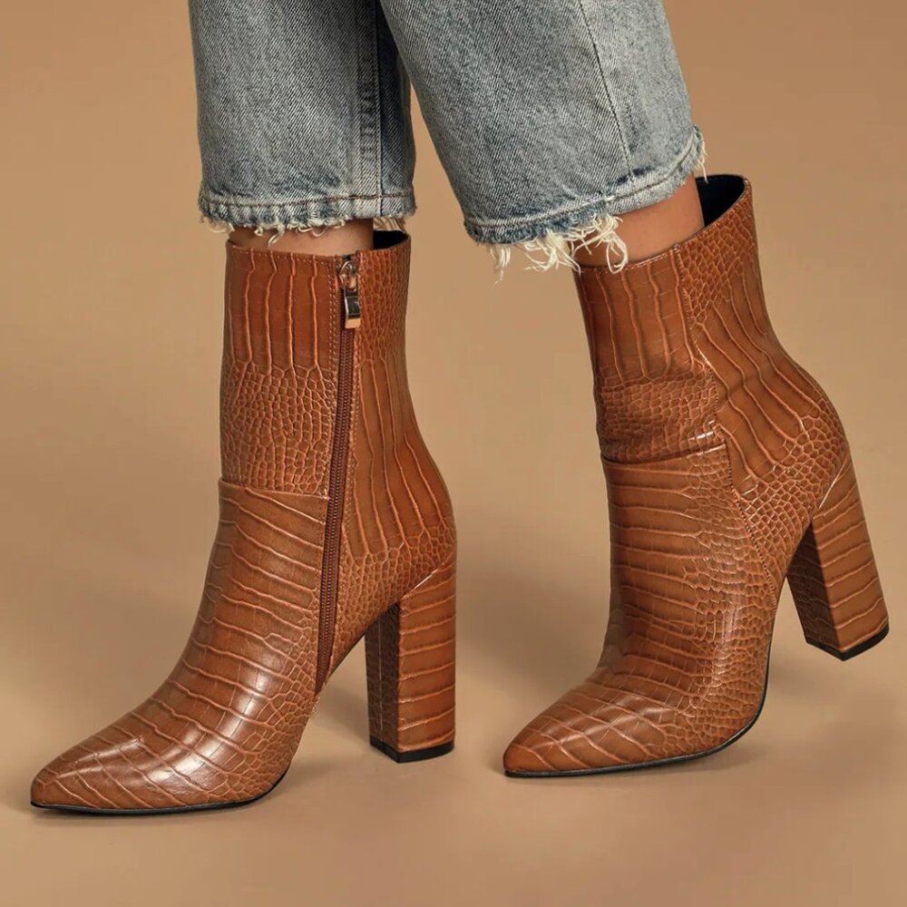LULUS- Dawson Tan Crocodile Pointed-Toe Mid Calf Boots- sz. 8